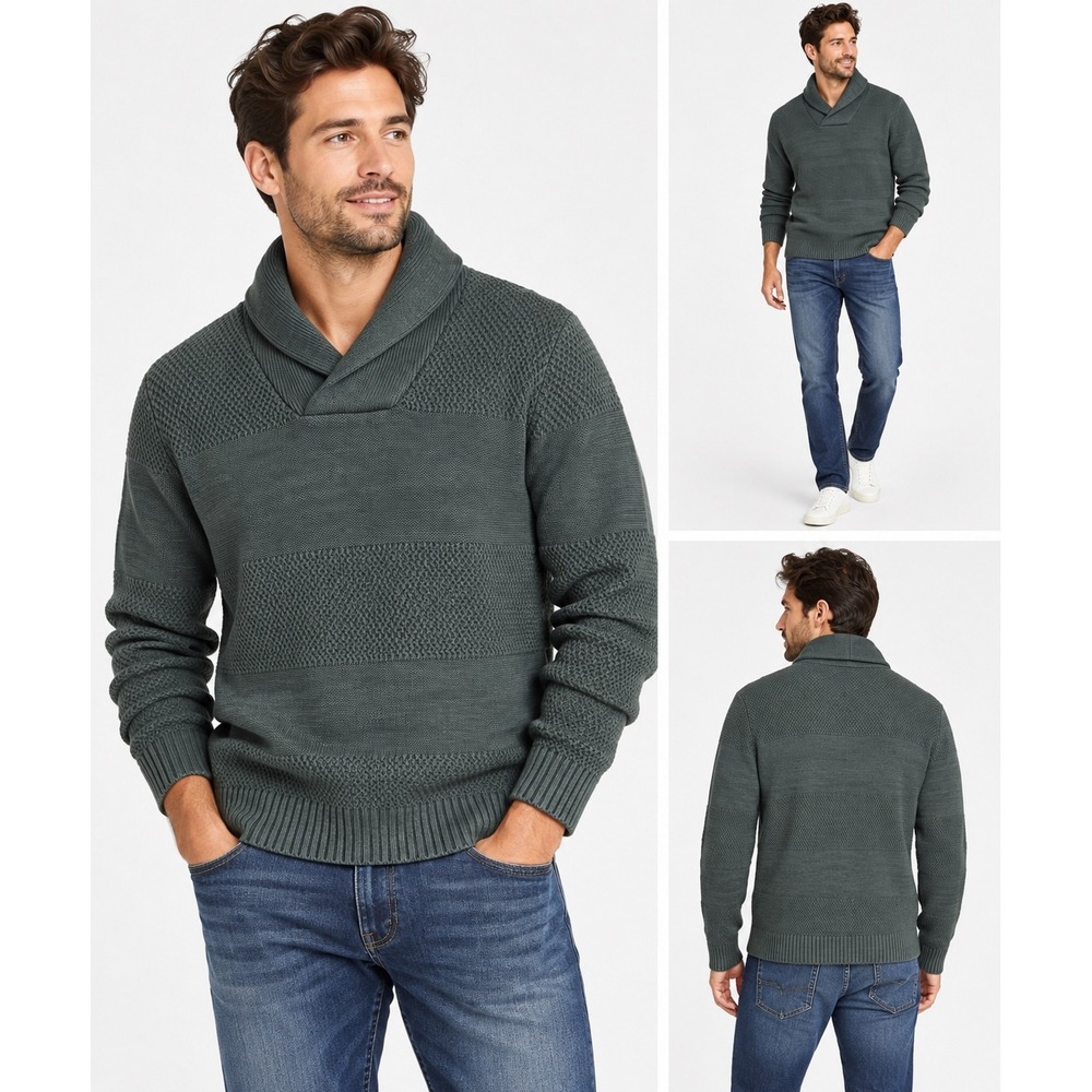 Sun + Stone Mens Shawl Collar Cotton Sweater Dark Green Knit 100102868MN L